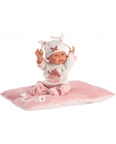 Papusa-bebe Llorens - Cu haine roz, perna si palarie alba, 26 cm - 2