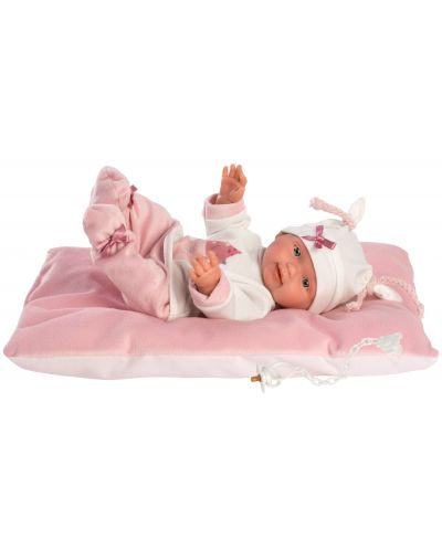 Papusa-bebe Llorens - Cu haine roz, perna si palarie alba, 26 cm - 3