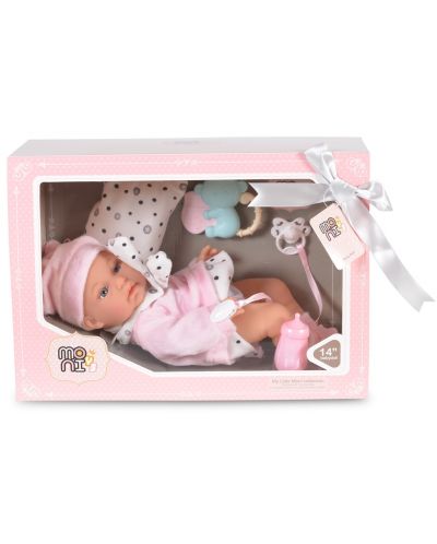 Papusa bebe Moni - Cu halat roz si accesorii, 36 cm - 4