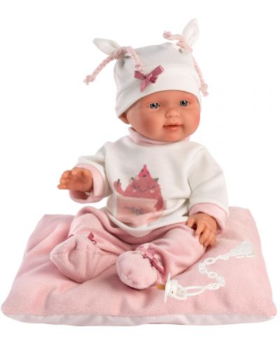 Papusa-bebe Llorens - Cu haine roz, perna si palarie alba, 26 cm - 1