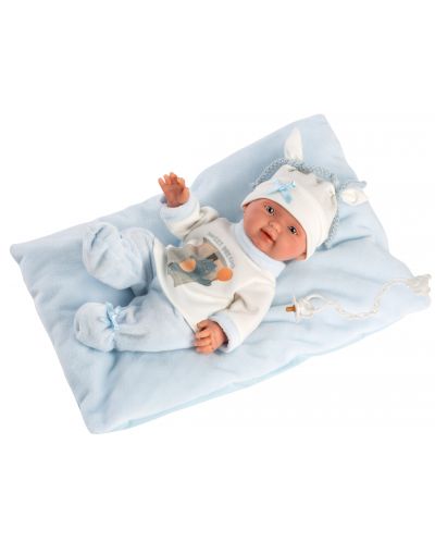 Papusa-bebe Llorens - Cu haine albastre, perna si palarie alba, 26 cm - 3