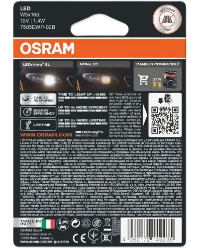 Becuri auto LED Osram - LEDriving, SL, W21W, 1.4W, 2 bucăți, albe - 2