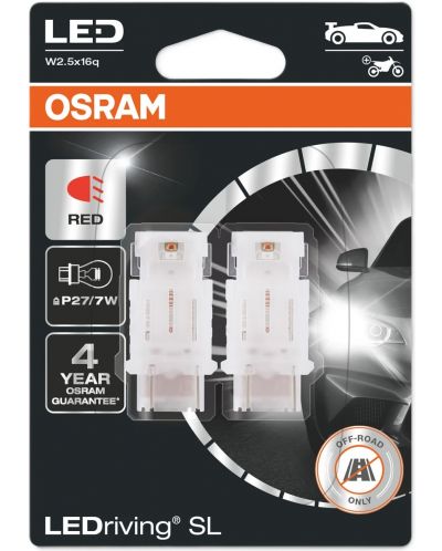 Becuri auto LED Osram - LEDriving, SL, Roșii, P27/7W, 1.7W, 2 bucăți, roșii - 1