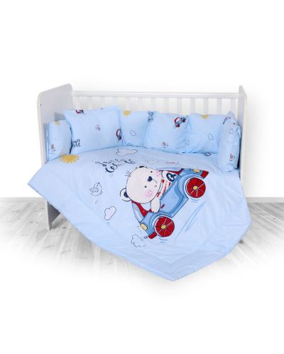 Set 5 piese lenjerie de pat cu protectie laterala Lorelli - Ursulet cu masina, ranforce, albastru - 1