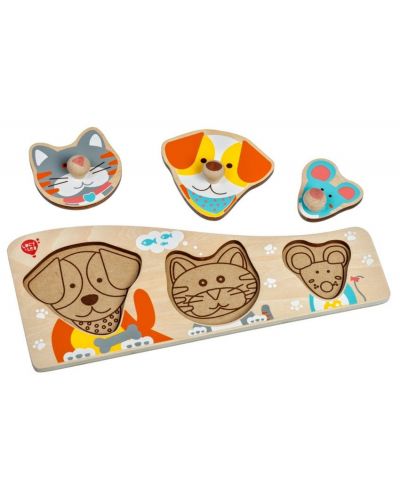 Puzzle din lemn Lucyu0026Leo - Caine, pisica si soricel, cu manere 
