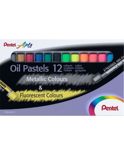 Pentel Arts Oil Pastels - 12 culori metalice și fluorescente - 1