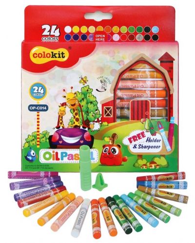 Creioane colorate cu ulei Colokit - 24 de culori, cu ascuțitor și suport - 1