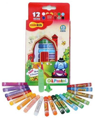 Creioane colorate cu ulei Colokit - 12 culori, cu ascuțitor și suport - 1