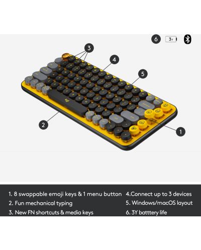 Tastatura mecanica Logitech - POP Keys, wireless, galbena/ neagra - 6