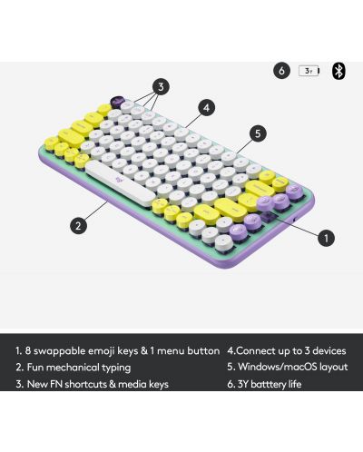Tastatura mecanica Logitech - POP Keys, wireless, mov/ verde - 6