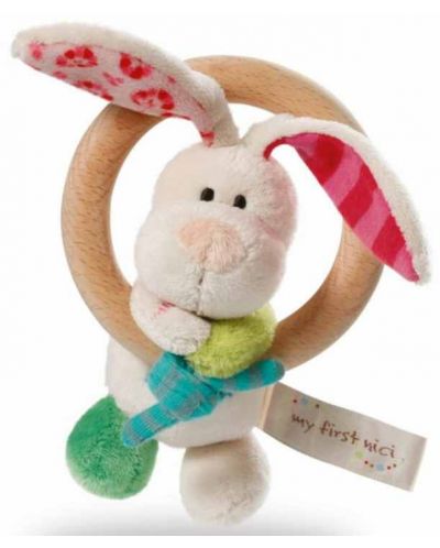 Jucărie moale Nici - Cu inel de lemn și clopoțel, Tilly Rabbit, 15 cm - 1