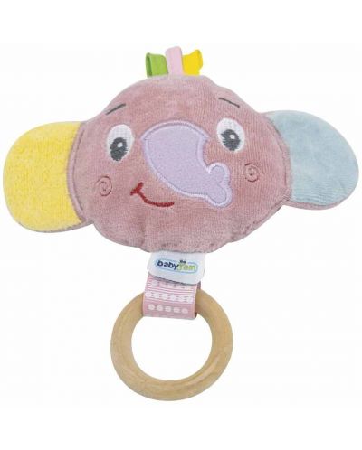 Jucărie moale cu inel de lemn BabyJem - Mini elefant, roz - 1