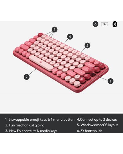 Tastatura mecanica  Logitech - POP Keys, wireless, roz - 6