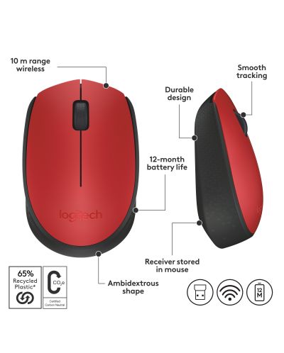 Mouse Logitech - M171, optic, wireless, rosu - 8