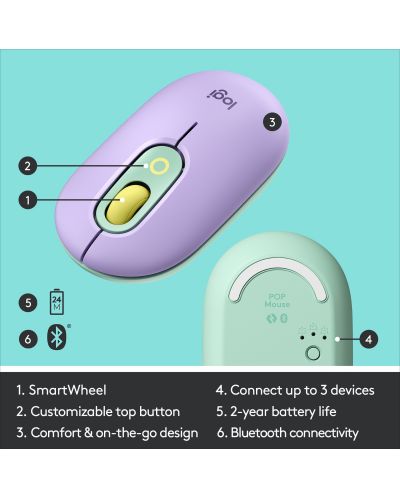 Mouse Logitech - POP, optic, wireless, mov/ verde - 6