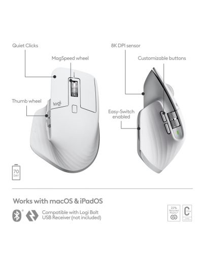 Mouse Logitech - MX Master 3S For Mac EMEA, Pale Grey - 10