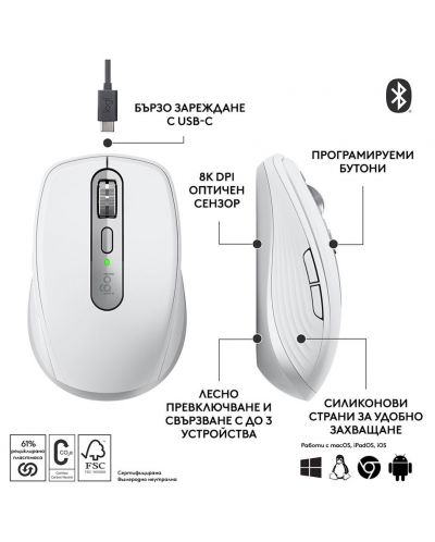 Mouse Logitech - MX Anywhere 3S, optic, fără fir, gri deschis - 6