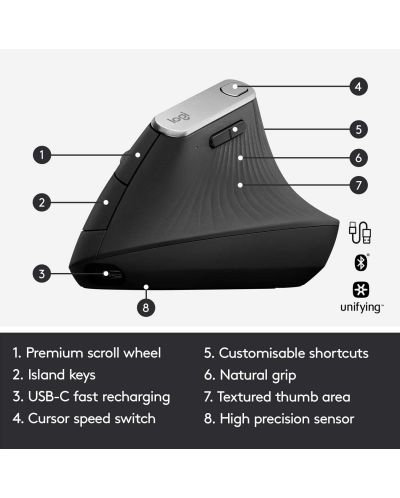 Mouse Logitech MX Vertical Advanced - ergonomic, gri - 7
