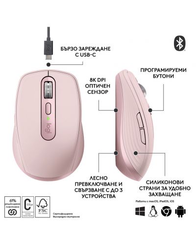 Mouse Logitech - MX Anywhere 3S, optic, wireless, roz - 6