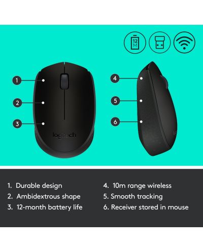 Mouse Logitech - M171,  optic, wireless, negru - 8