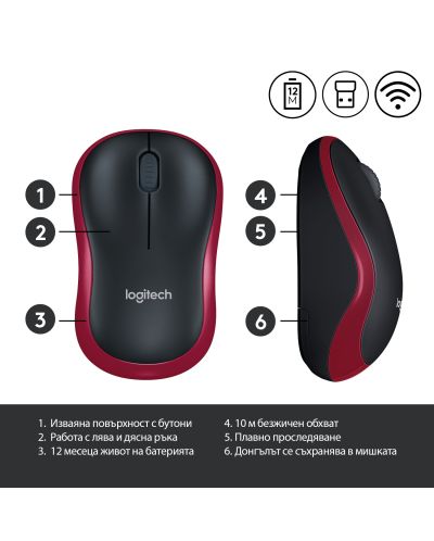 Mouse Logitech - M185, wireless, rosu - 8