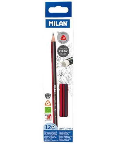 Creion Milan Triangular - negru si alb, HB, cu radiera, 12 bucati - 1