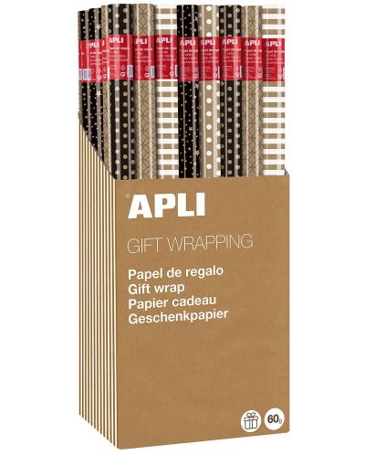 Hârtie de împachetat Apli - Kraft, cu motive negre și colorate, asortiment - 1