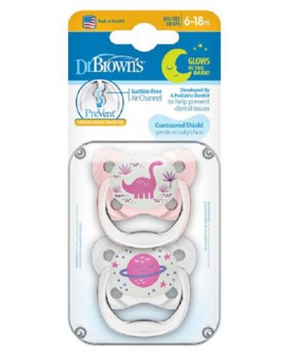Dr. Brown's Orthodontic Soother - PreVent, 6-18 m, luminat, 2 bucăți, roz - 3