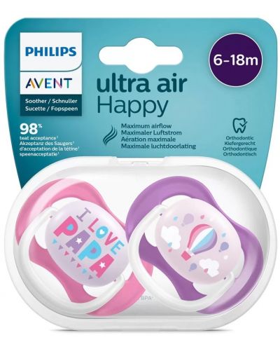 Suzete ortodontice Philips Avent - Ultra Air Happy, 6-18 luni, 2 bucati, pentru fetite, inscriptie/balon - 4