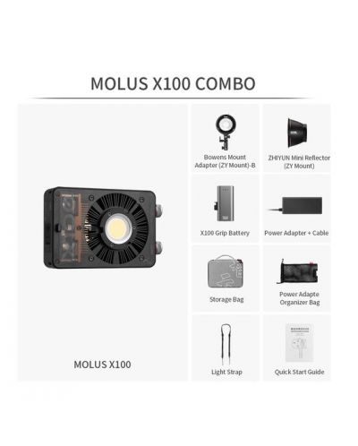 Iluminat cu LED-uri ZHIYUN Molus X100 Combo Bi-Color COB LED (conexiune + grip pentru baterie + adaptor pentru montare Bowens) - 10
