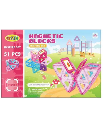 Constructor magnetic Ocie Magnetic Blocks - Inspire, 51 piese, roz - 1