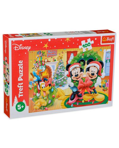Puzzle Trefl de 100 piese - Magia Craciunului cu Mickey, Minnie si Pluto - 1