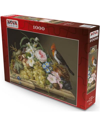 Puzzle Nova puzzle de 1000 de piese - Natura statica cu flori, fructe si pasari - 1