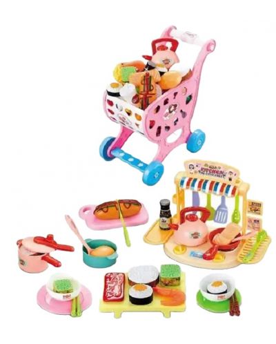 Cărucior cu bucătărie Raya Toys - 64 de piese roz - 2