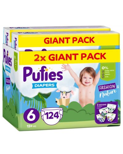 Scutece Pufies Fashion & Nature - Mărimea 6, 124 buc, 13+ kg, Giant Pack x 2