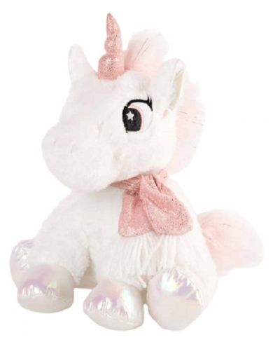 Jucărie de pluș Amek Toys - Unicorn așezat cu eșarfă roz, alb, 25 cm - 1