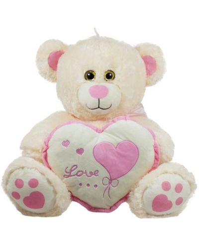 Jucărie de pluș Amek Toys - Ursuleț ecru cu inimă cu margine roz, 45 cm - 1