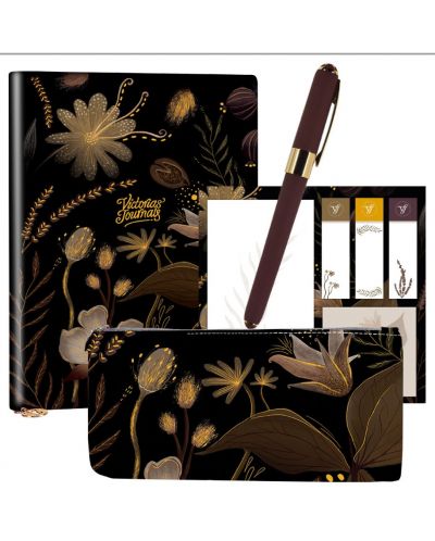Set cadou Victoria's Journals Florals - Auriu și negru, 4 piese, în cutie - 1