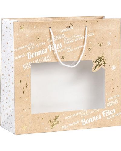 Pungă cadou Giftpack Bonnes Fêtes - Aurie, 35 cm, fereastră PVC - 1