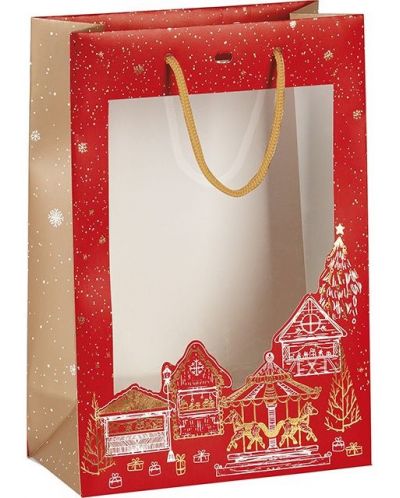Pungă cadou Giftpack Bonnes Fêtes - Roșie, 29 cm, fereastră PVC - 1