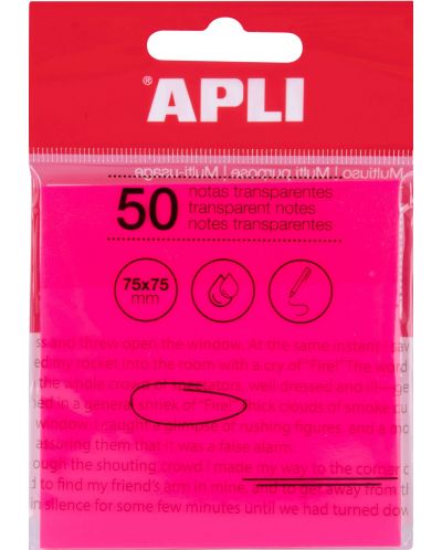 Bilete adezive transparente Apli - roz, 75 x 75 mm, 50 bucăți - 1