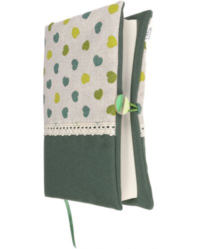 Rochie pentru carte: Inimioare verzi, fond verde, dantela (Coperta textila cu nasture) - 6