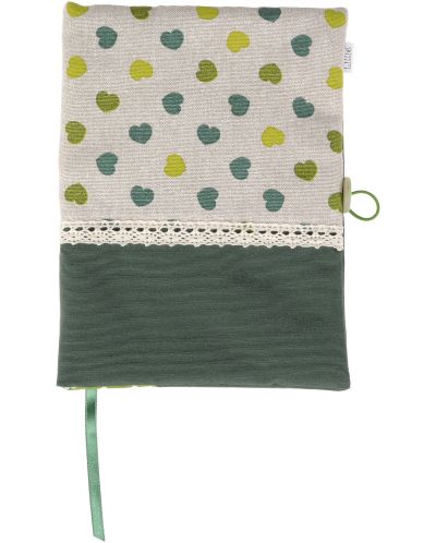 Rochie pentru carte: Inimioare verzi, fond verde, dantela (Coperta textila cu nasture) - 2