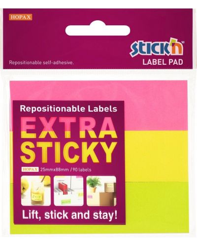 Notite adezive Stick'n - тип етикет, 25 x 88 mm, neon, 3 culori, 90 file - 1