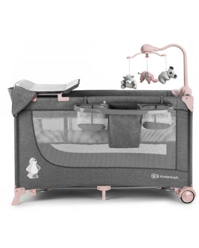 Patut pliabil pentru bebelusi KinderKraft - Joy Full, cu accesorii, gri si roz - 2