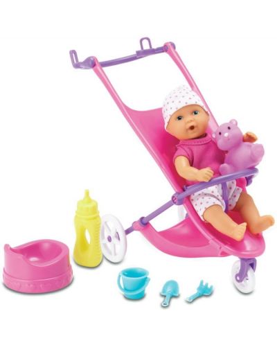 Papusa-bebe care face pipi Simba Toys New Born Baby - Cu carucior si accesorii, 12 cm - 1
