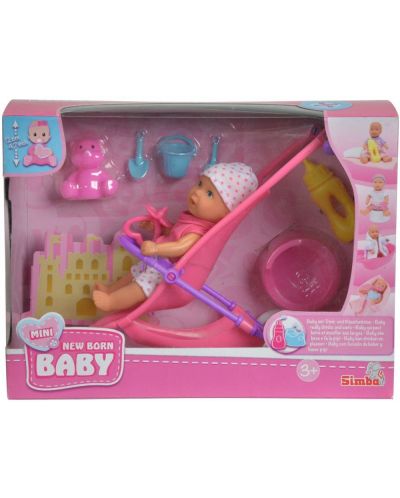 Papusa-bebe care face pipi Simba Toys New Born Baby - Cu carucior si accesorii, 12 cm - 3