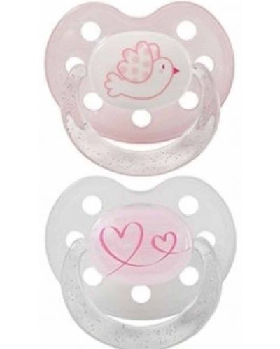 Suzete din silicon cu inel Baby Nova - mărimea 1, pasăre și inimă, 2 bucăți, roz - 1