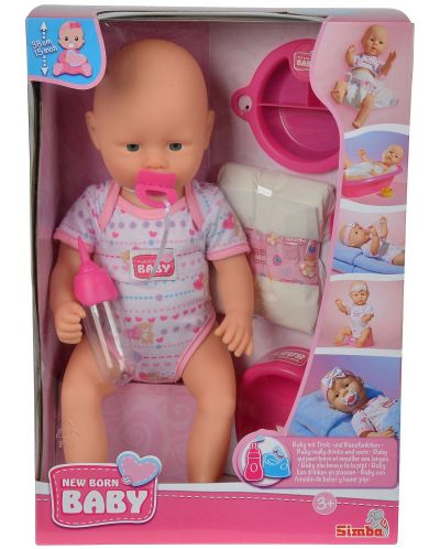 Papusa-bebe care face pipi Simba Toys New Born Baby - Cu olita si accesorii, 38 cm - 2