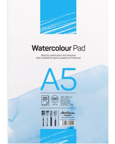 Caiet de schite pentru vopsele acuarele Drasca Watercolour pad - 20 file, А5 - 1